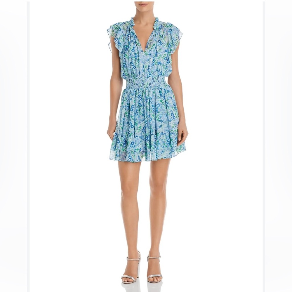 Shoshanna Edelie Garden Party Blue Floral Smocked Mini Dress Size 10 EUC